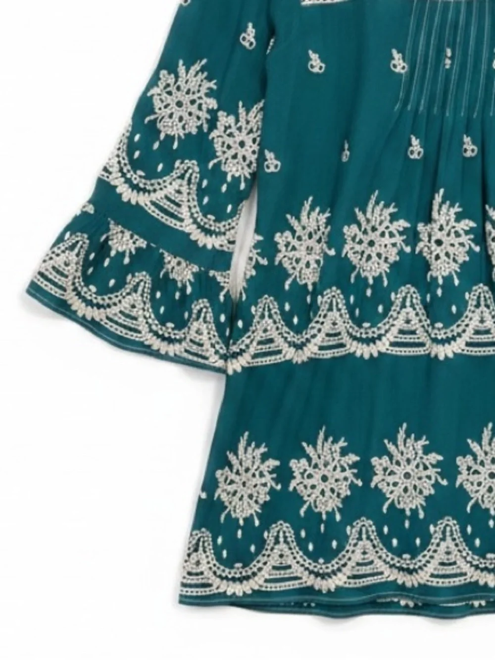 Ivy Jane Boho Embroidered Eyelet Detail 3/4 Sleeve Dress Emerald Green Size XS - Picture 5 of 8